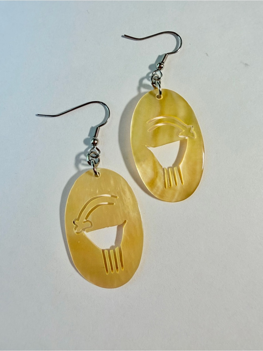 Petroglyph Earrings - Oval Golden Mother-of-Pearl Shell Earrings | Bighorn Sheep